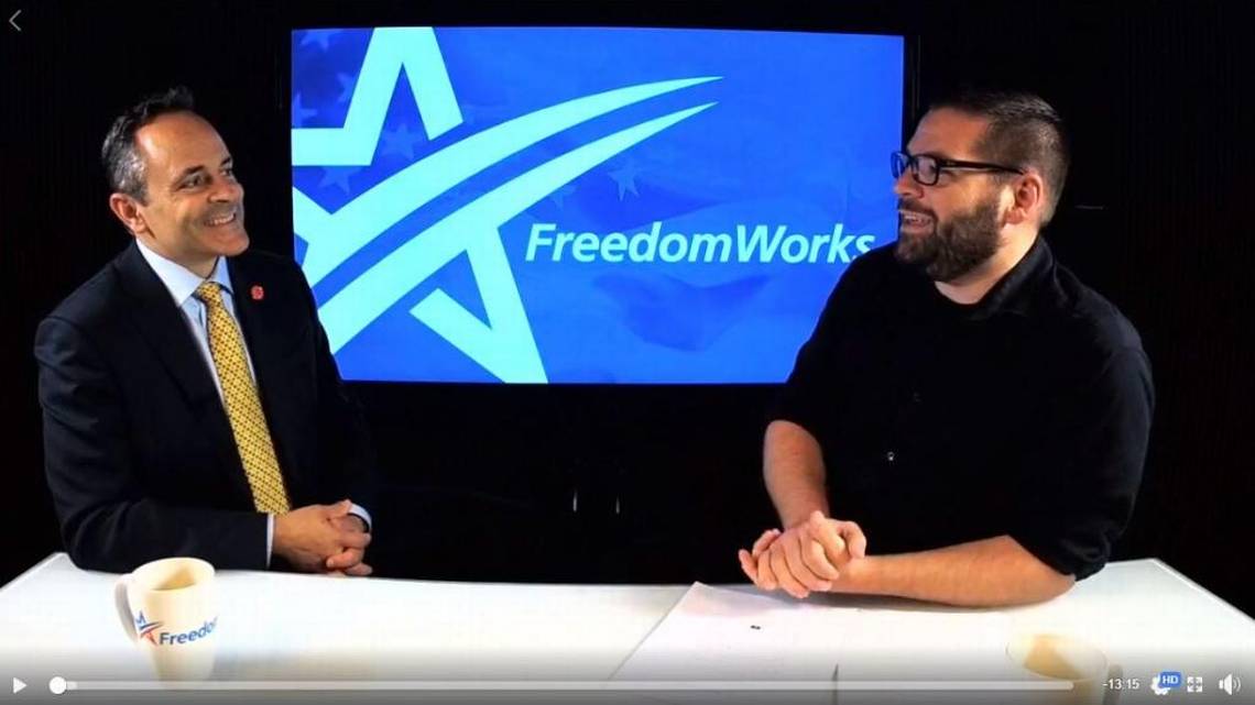 Kentucky Gov. Matt Bevin speaks with a FreedomWorks representative about Kentucky’s pension woes in 2017. Screenshot of Facebook Live video