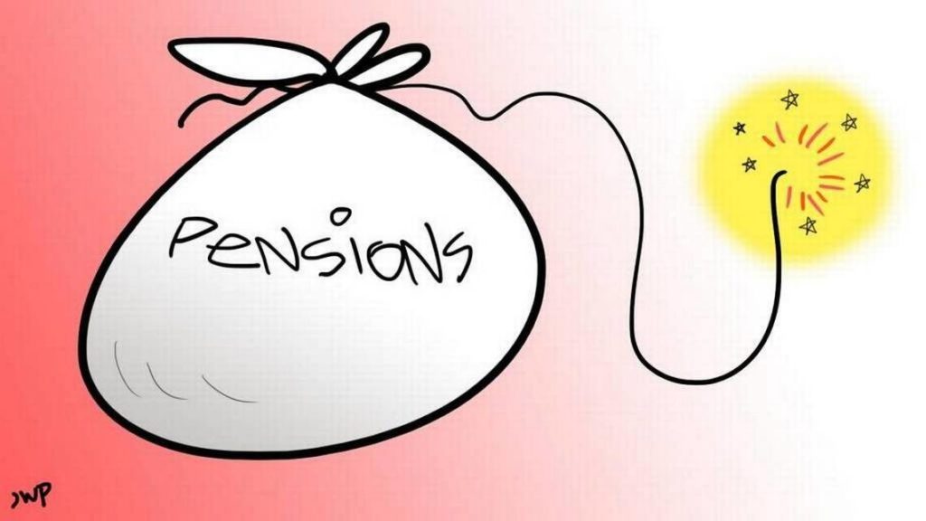 "pensions" bag with lit fuse shooting stars, and red background